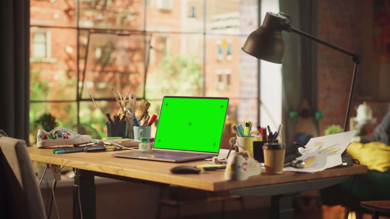 computadora portátil con pantalla verde simulada pantalla clave de croma de pie en el escritorio en el espacio de trabajo de loft moderno. en el fondo estudio de espacio abierto con vista a la ventana de la ciudad. establecimiento de tiro de movimiento