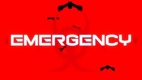 animation of warning text emergency, over bats, on red