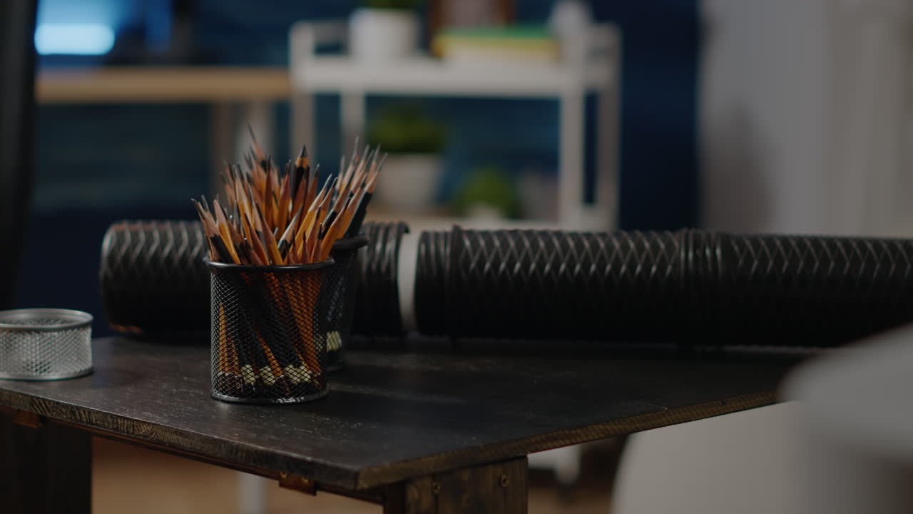 Close up of wooden table with colorful pencils for artist