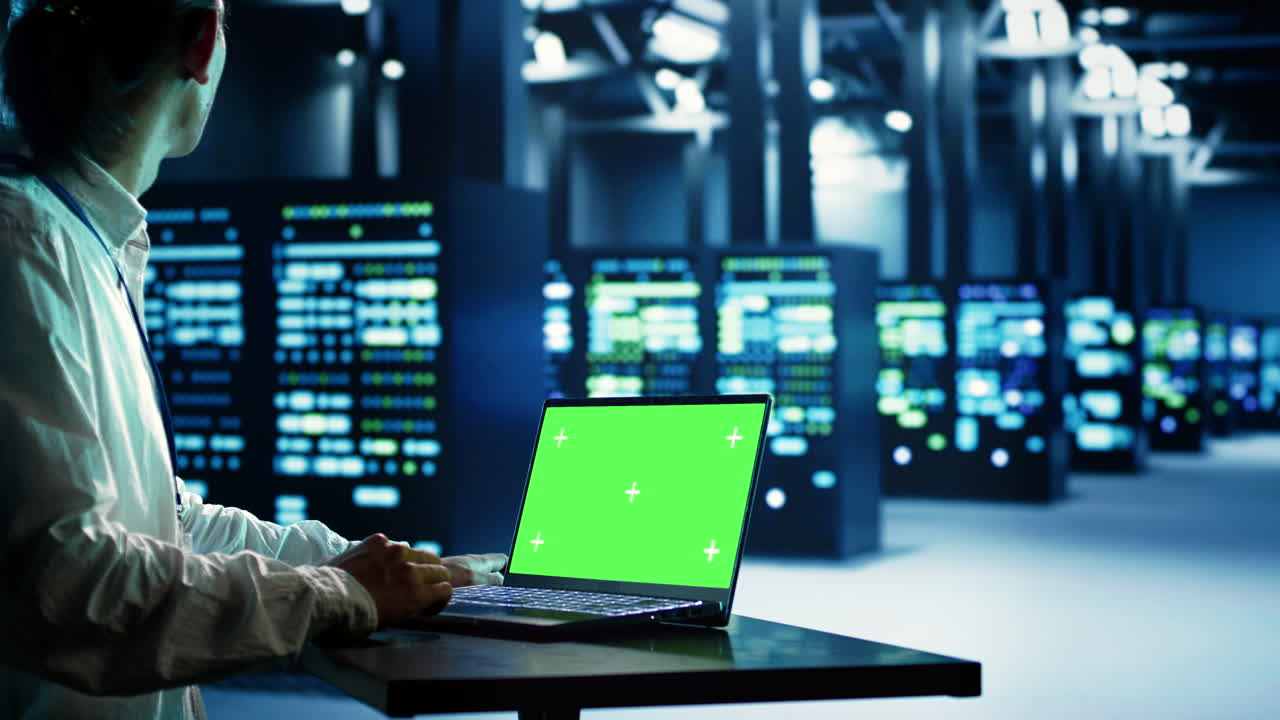 Technician uses chroma key laptop for AI