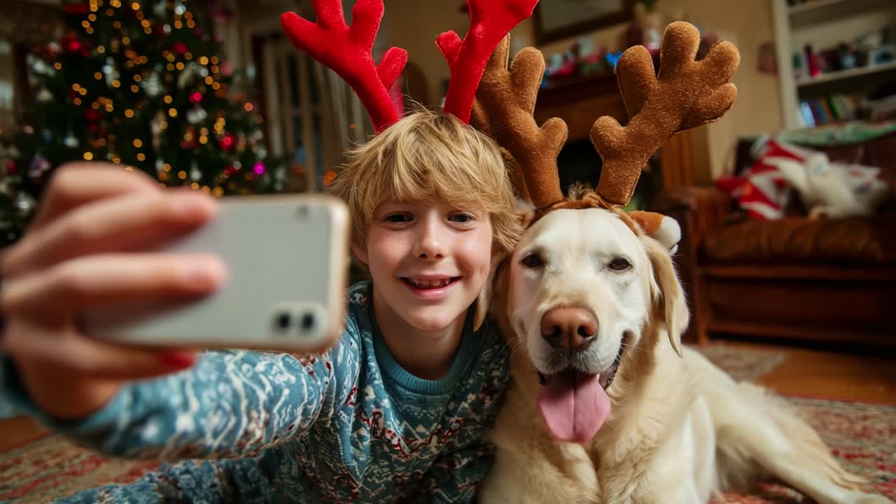 A joyful holiday moment captured with a young boy and his friendly dog, both wearing festive antler headbands, posing for a cheerful selfie in a cozy decorated living room