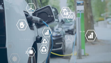 animation of ecology icons and data over electric car charging at port