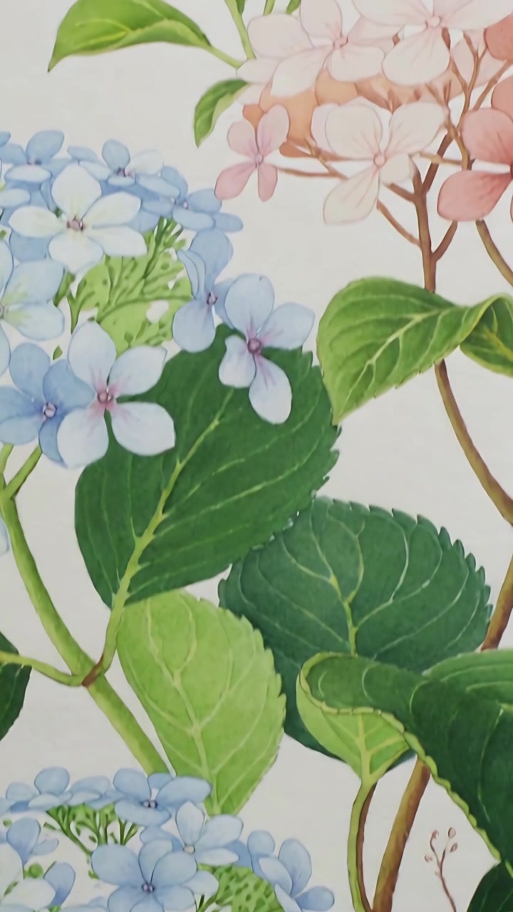 Vertical video: Panning camera revealing wall mural on room wall, blue pink hydrangea clusters