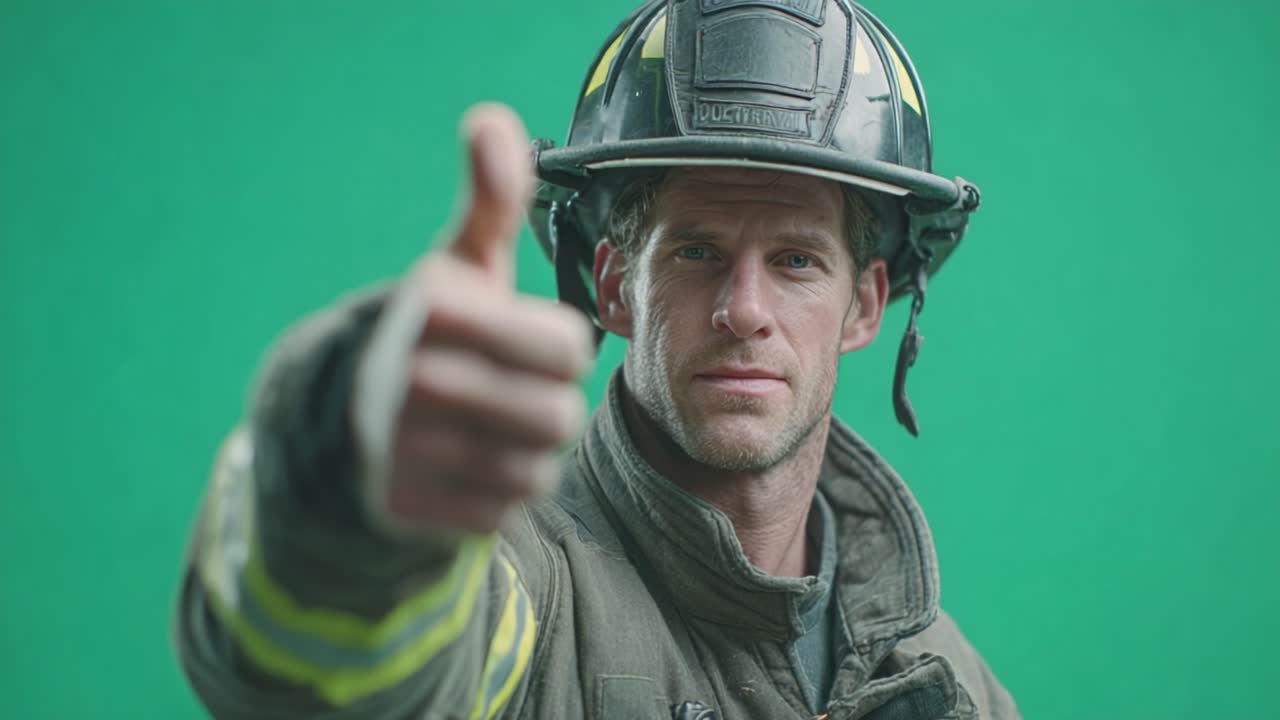 A confident firefighter in full gear gives a thumbs-up gesture against a green backdrop, symbolizing courage, resilience, and readiness for action in emergency situations