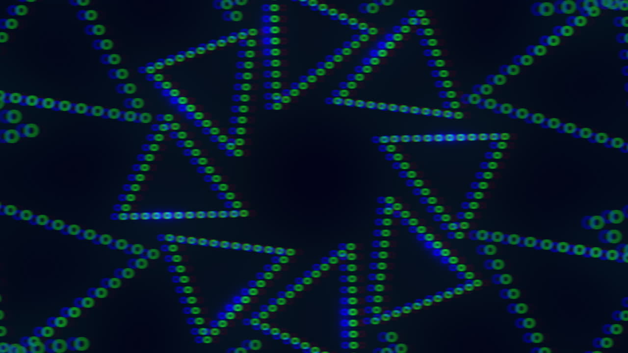 Abstract glowing dotted triangles and lines moving on dark tech background