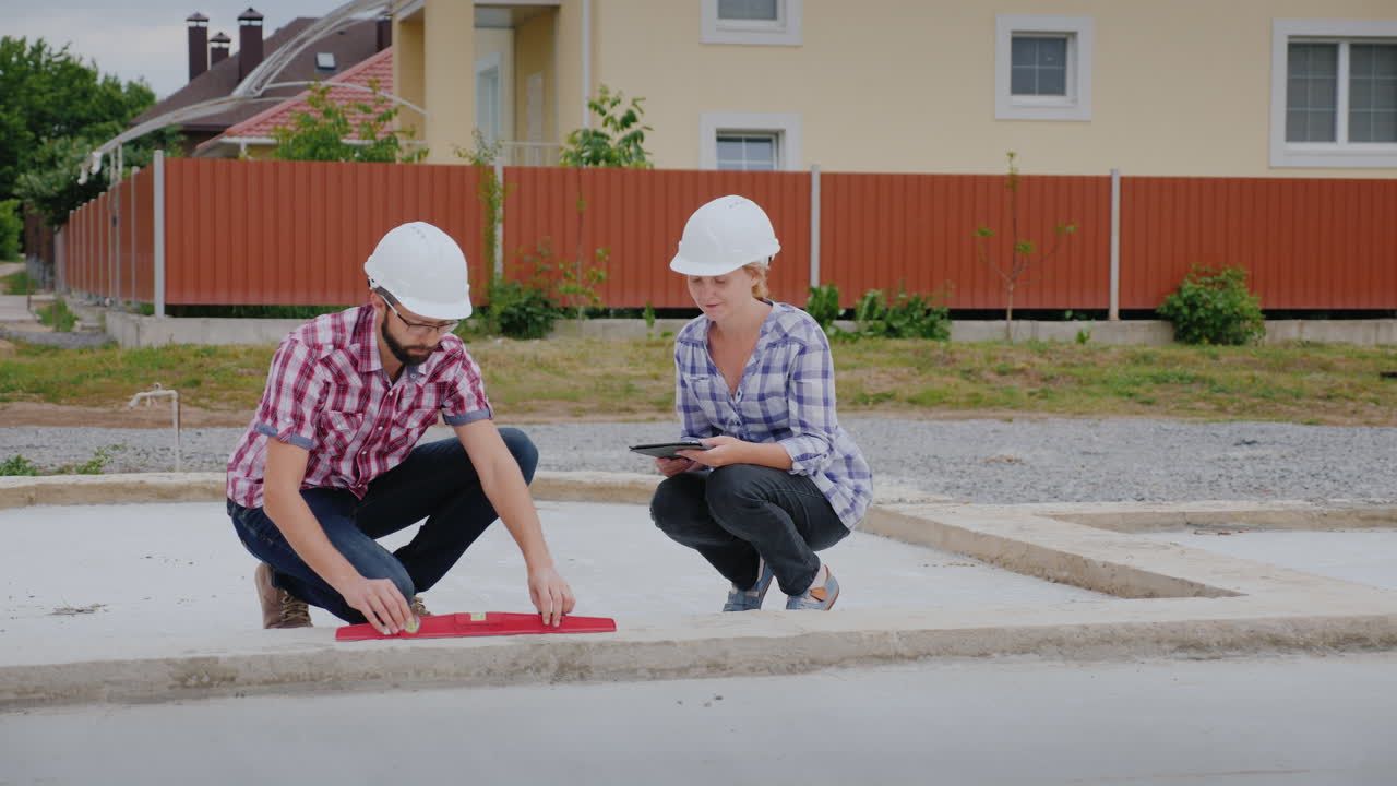 el inspector de control de calidad con un asistente verifica la precisión del trabajo en la erección del fo