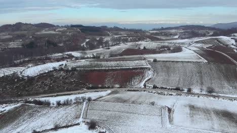 drone view of frozen snowy fields mountains forest background cloudy day