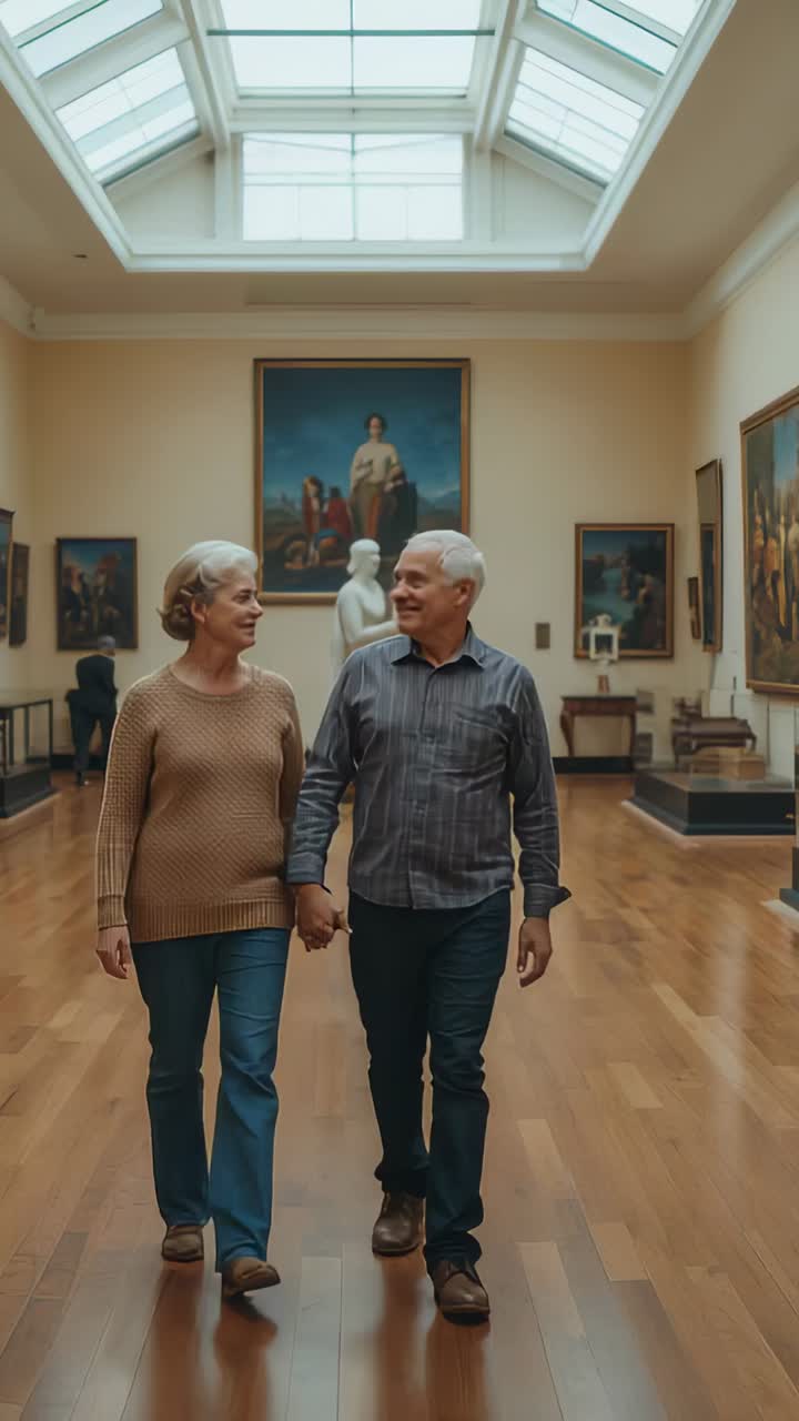 Video verticale: coppia di anziani che cammina mano nella mano, sorridendo mentre visita un museo con busti di dipinti