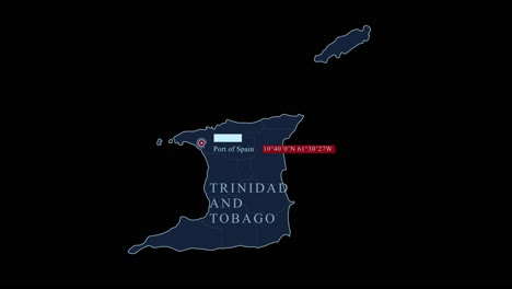 Blaue-Stilisierte-Karte-Der-Inseln-Trinidad-Und-Tobago-Mit-Der-Hauptstadt-Port-Of-Spain-Und-Geografischen-Koordinaten-Auf-Schwarzem-Hintergrund