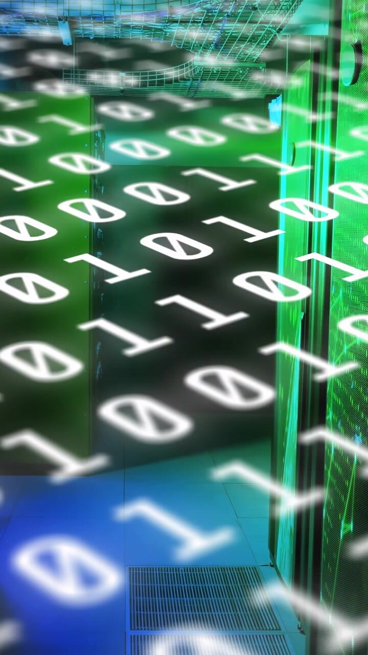 Vertical video: Boot pulse starting binary overlay drifting down-right across rack, showing status