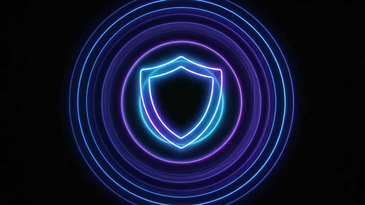 Digital Security Shield Icon with Pulsating Neon Circles