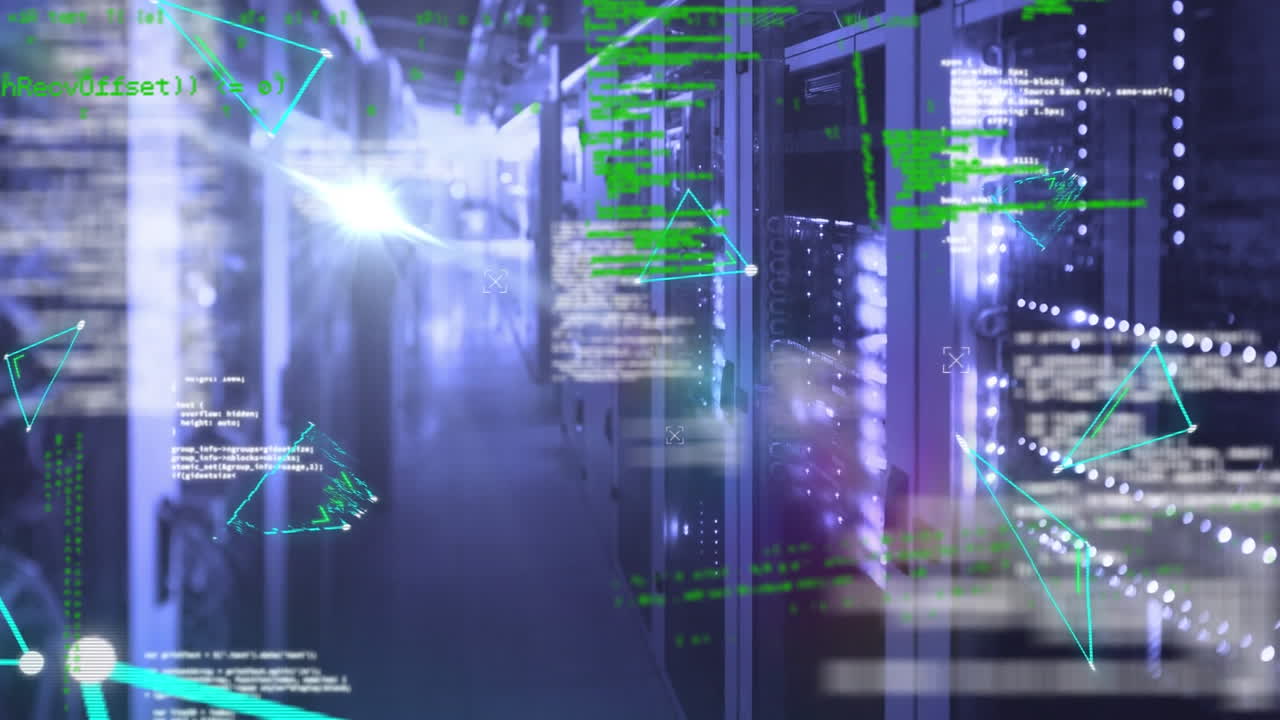Animation of data processing, triangles and lights over servers