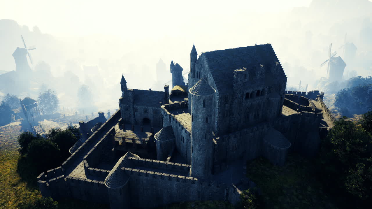 majestuoso castillo medieval con vistas a un paisaje brumoso con molinos de viento cerca