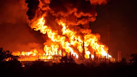 a large fire is raging in an oil refinery at night