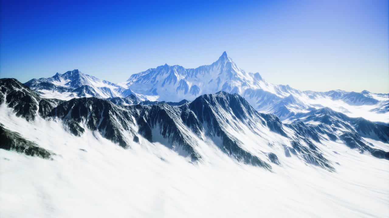 Majestic snowy mountains under a clear blue sky during daylight hours