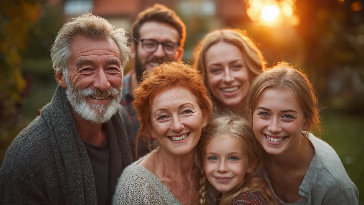 En varm familiekomsammen, der værdsætter øjeblikke sammen ved solnedgang midt i de kæres omfavnelse.