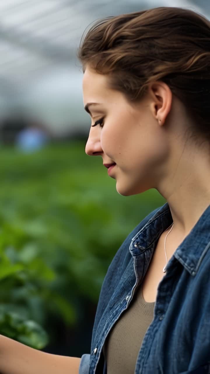Una giovane donna in giacca di jeans sorride luminosamente mentre si trova in una serra rigogliosa circondata da piante vibranti e da un fogliame verde brillante.