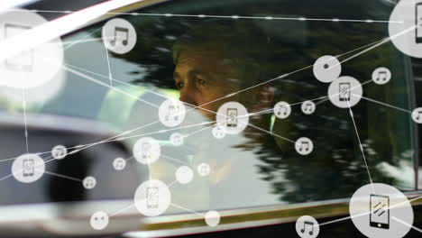 animación de la red de conexiones sobre el hombre caucásico usando teléfono inteligente en el coche