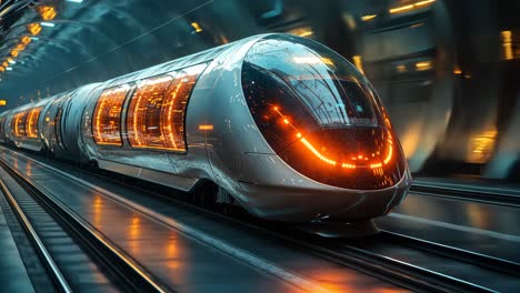 futuristic train gliding through modern urban station at night