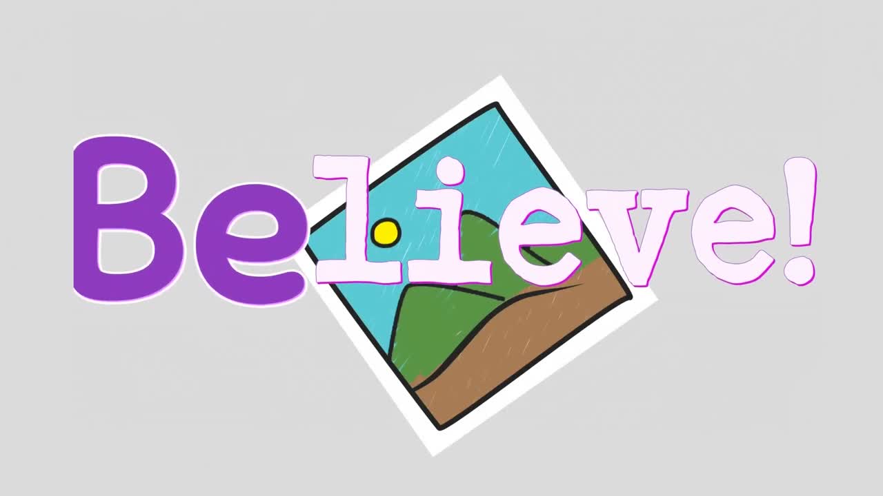 회색 배경에 풍경의 일러스트레이션 위에 믿는 텍스트의 애니메이션