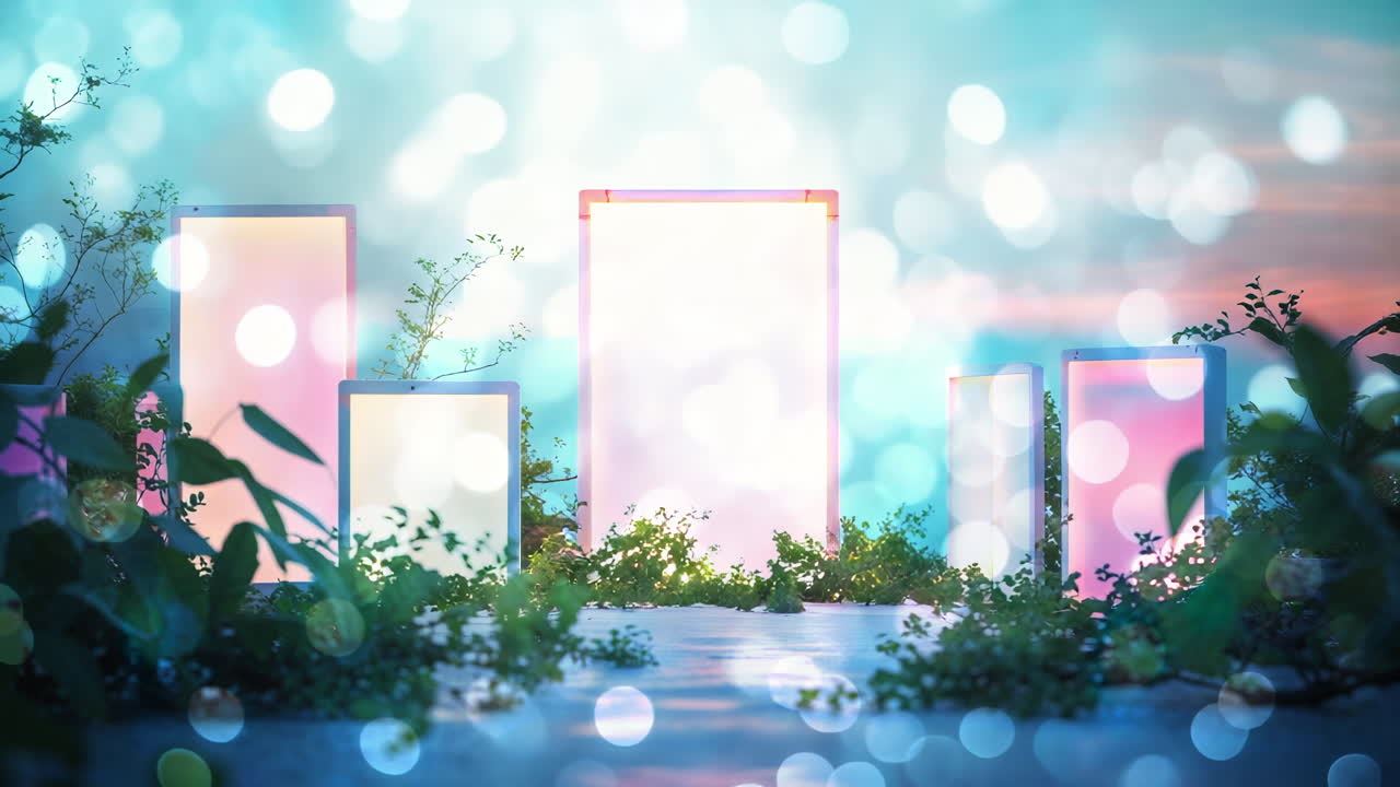 Ethereal Glowing Screens Amidst Lush Foliage and Bokeh Lights