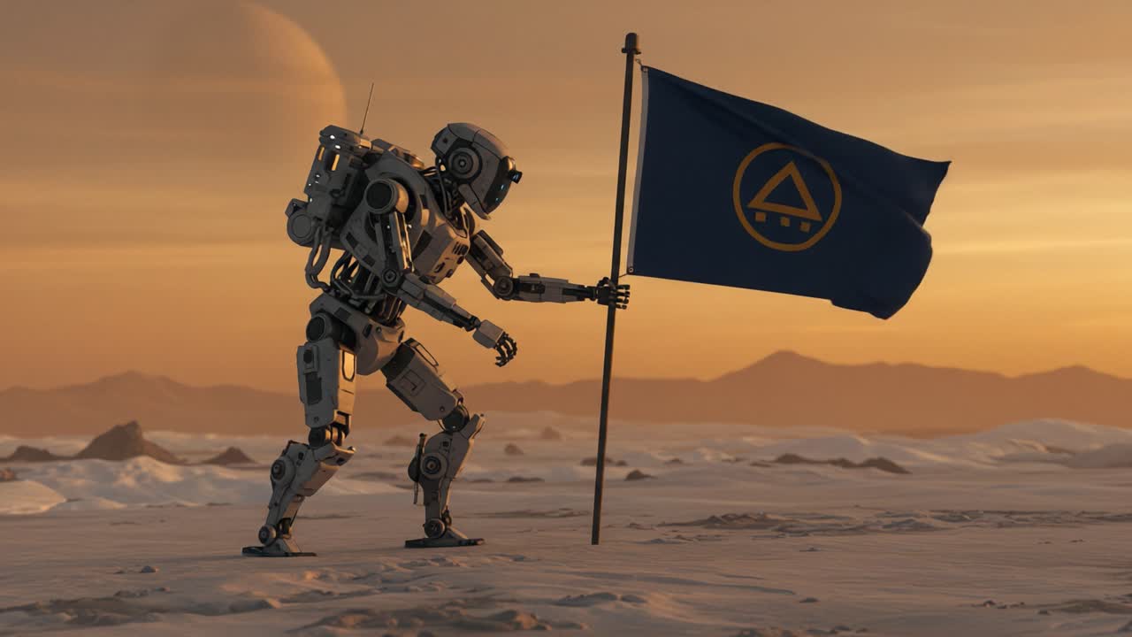 A humanoid robot stands triumphantly on an alien landscape, proudly holding a flag adorned with a geometric symbol, signaling exploration and discovery in an extraterrestrial environment