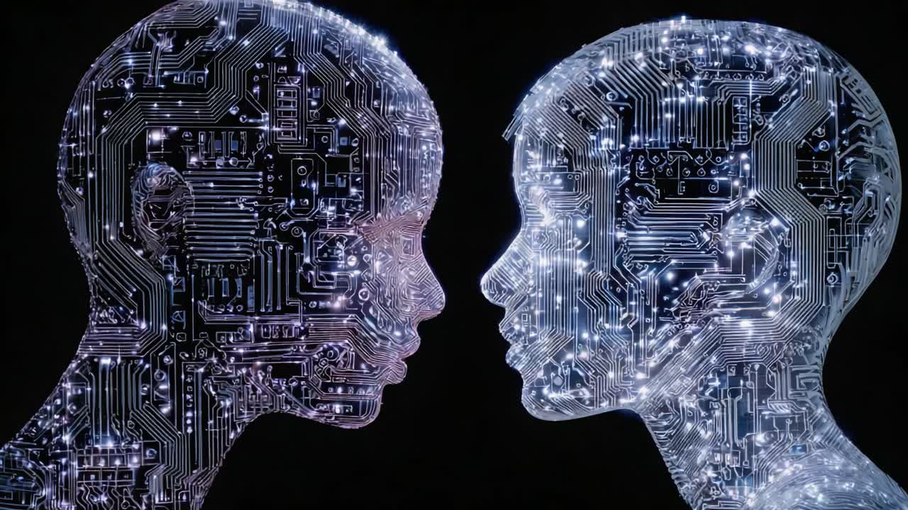 A Fascinating Exploration of the Duality of Humanlike Figures with Circuit Patterns, Showcasing the Intersection of Technology and Humanity in a Captivating Digital Artwork