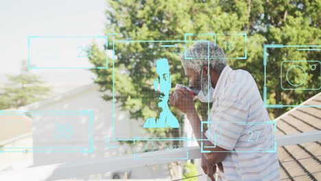 man sipping coffee on balcony, viewing ar biometric interface monitoring health metrics