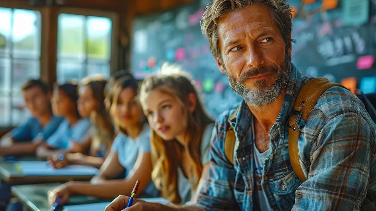 Classroom with teacher and students. A teacher sits with students in a classroom. They focus on a lesson with notebooks and pens in their hands