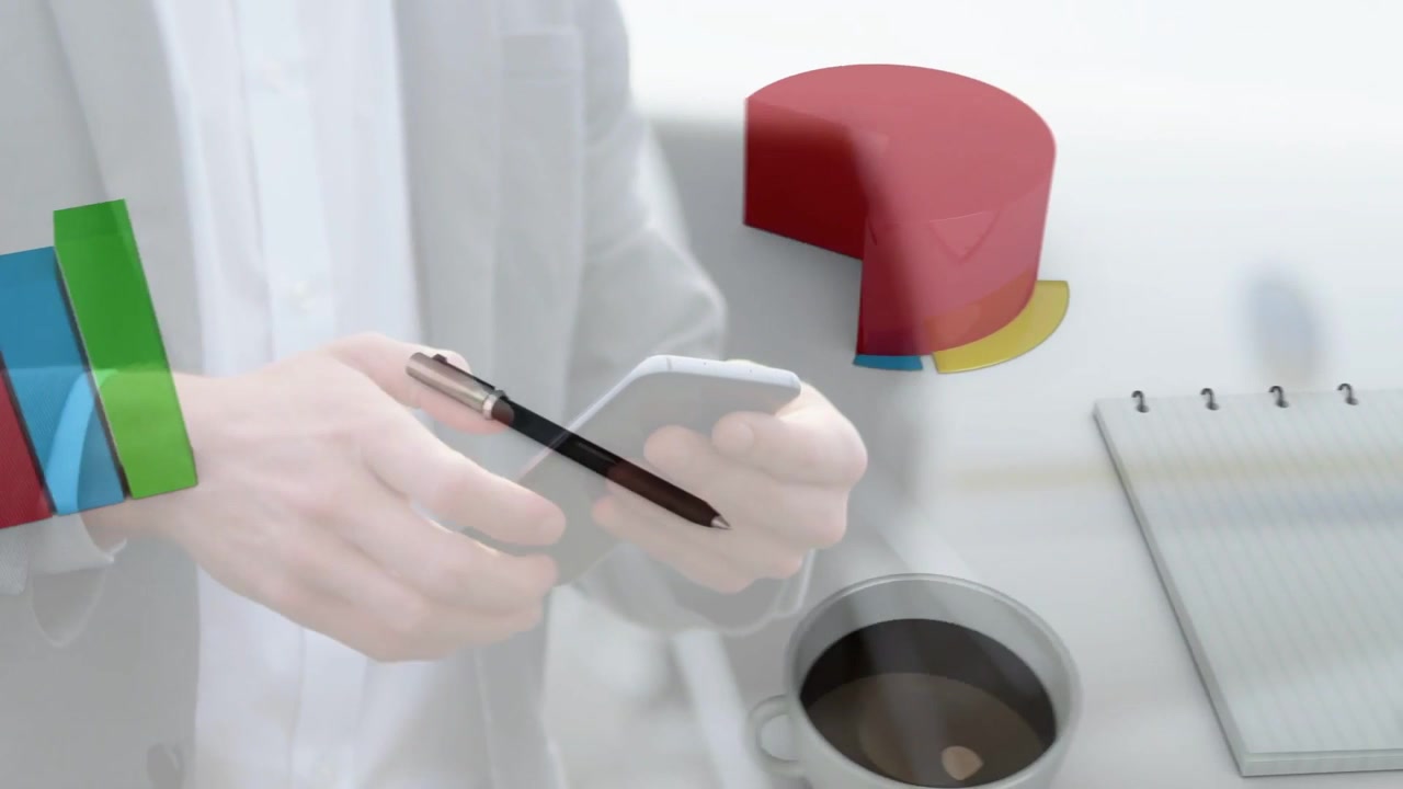 Uomo che tocca lo smartphone e anima blocchi a nastro trasformandoli in barre crescenti mentre analizza dati aziendali.