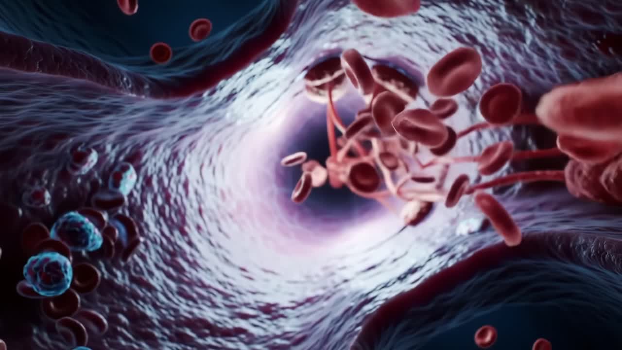 Esplorando gli intricati percorsi della circolazione umana: un viaggio attraverso i vasi sanguigni e le componenti cellulari in una visualizzazione animata