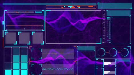 animation of interface with data processing and digital wave against purple background