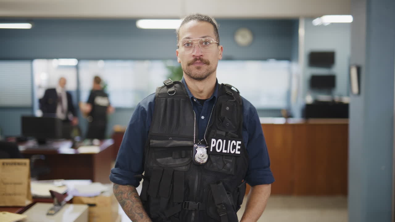 el oficial de policía afroamericano se vuelve hacia la cámara.