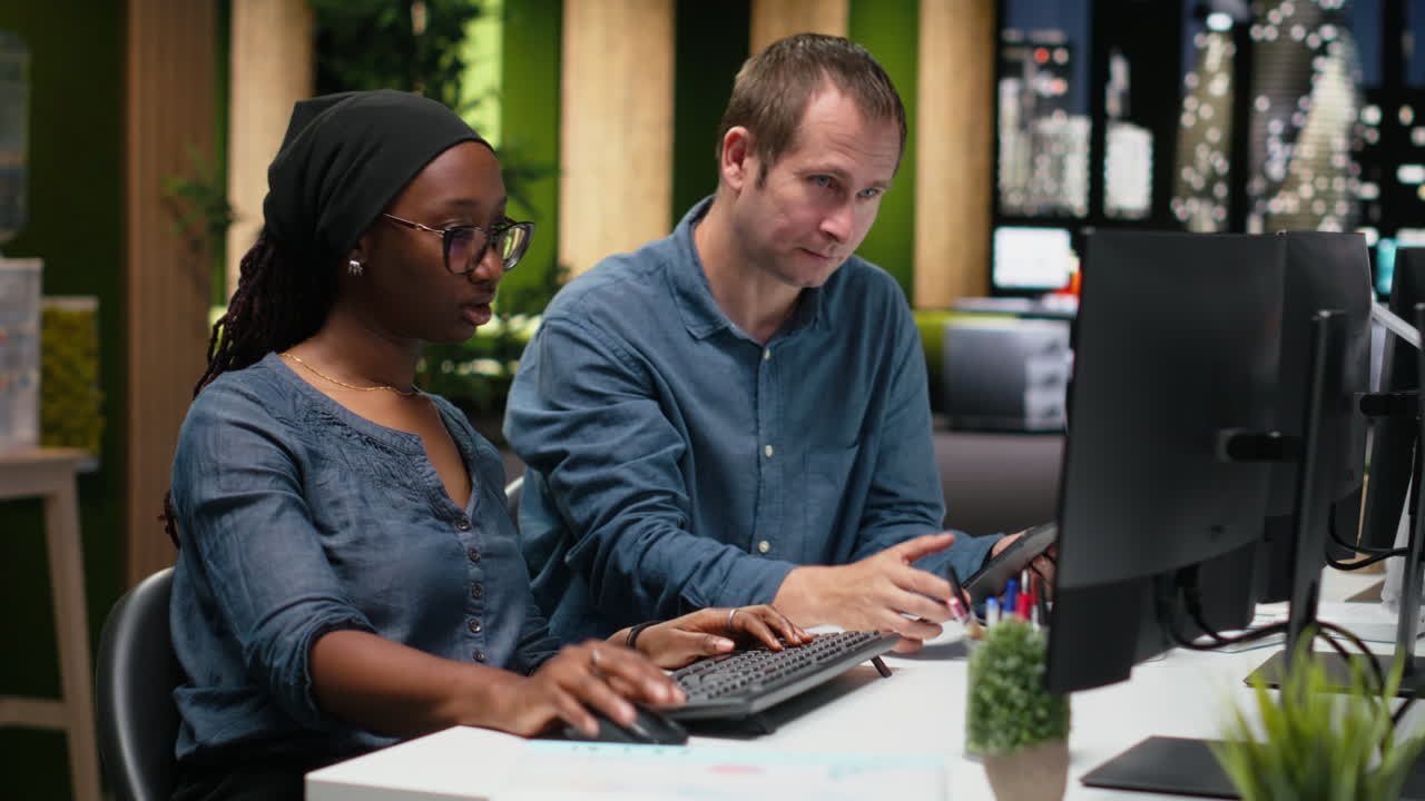 Diverse Colleagues Collaborating on Computer and Tablet in Modern Office