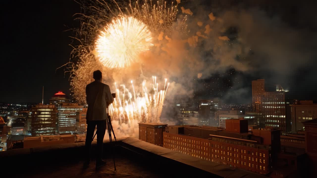 Spectacular Fireworks Display Illuminates the Night Sky as a Photographer Captures the Dramatic Scene from a Rooftop Overlooking the Cityscape Filled with Glowing Lights