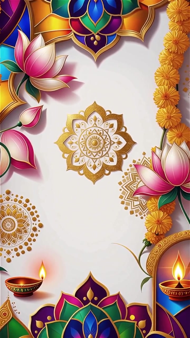 Sfondo Diwali con Diyas luminosi, Rangoli e fiori di loto