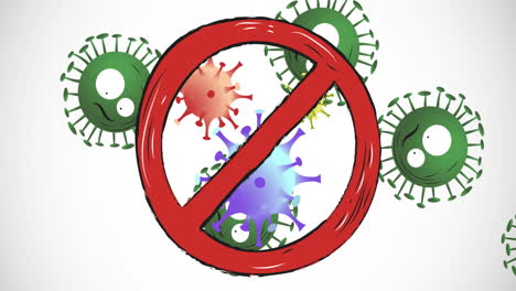 animation of no entry sign over covid 19 cells on white background