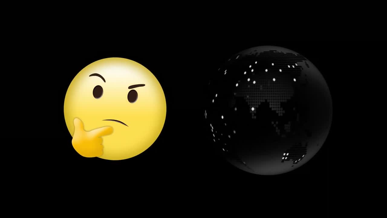검은색 배경에 디지털 이모지 아이콘과 글로브의 애니메이션