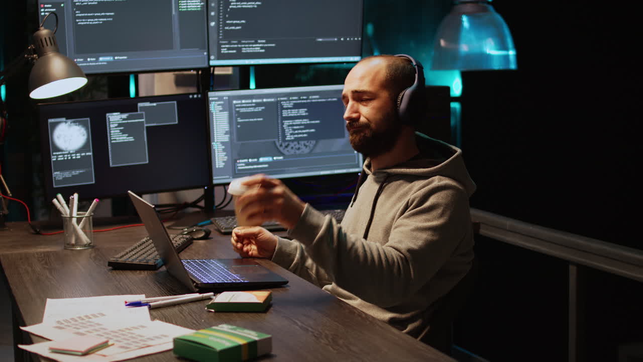 Programmer coding on computer with multiple screens