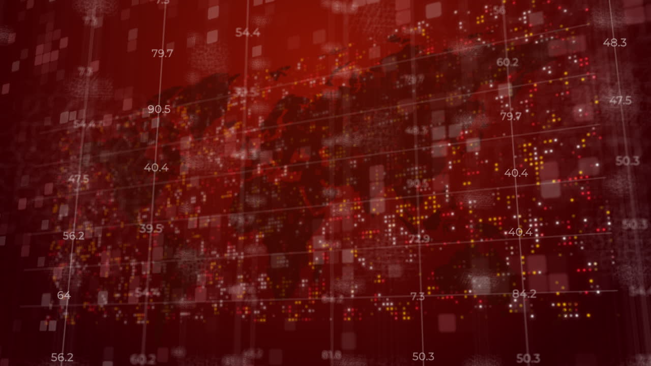 Electronic scoreboard with changing numbers falling down on the background of a world map and flashing dots. Red looped motion graphics.