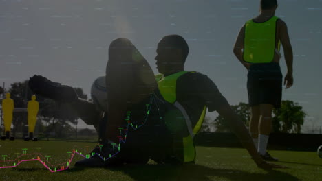 male soccer players training on grass field, with animated financial charts floating above pitch