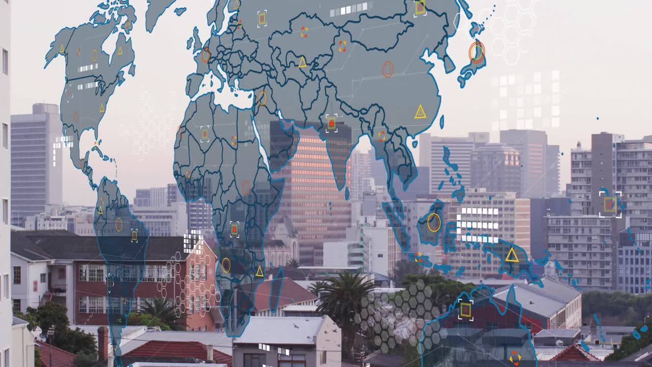 세계 지도의 애니메이션과 도시 풍경의 공중 전망에 대한 데이터 처리