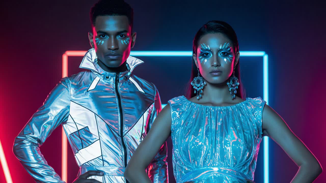 Futuristisk modeduo med iøjnefaldende metalliske outfits og dristig ansigtskunst i neonbelysning, der fremviser en levende og kantet æstetik i moderne stilbilleder