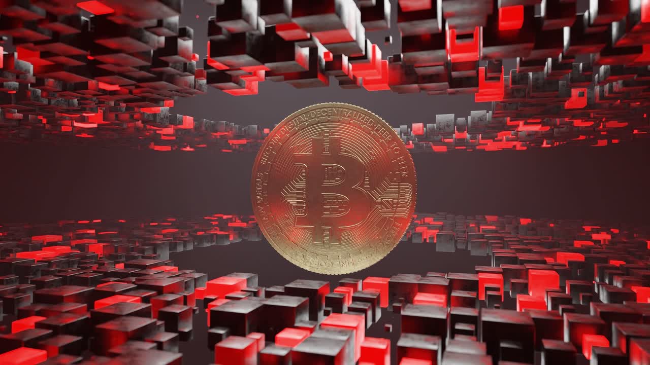 Golden Bitcoin symbol floating in digital red and black cube environment. Cryptocurrency and blockchain finance concept. Design for banner, poster, wallpaper. Isometric view.