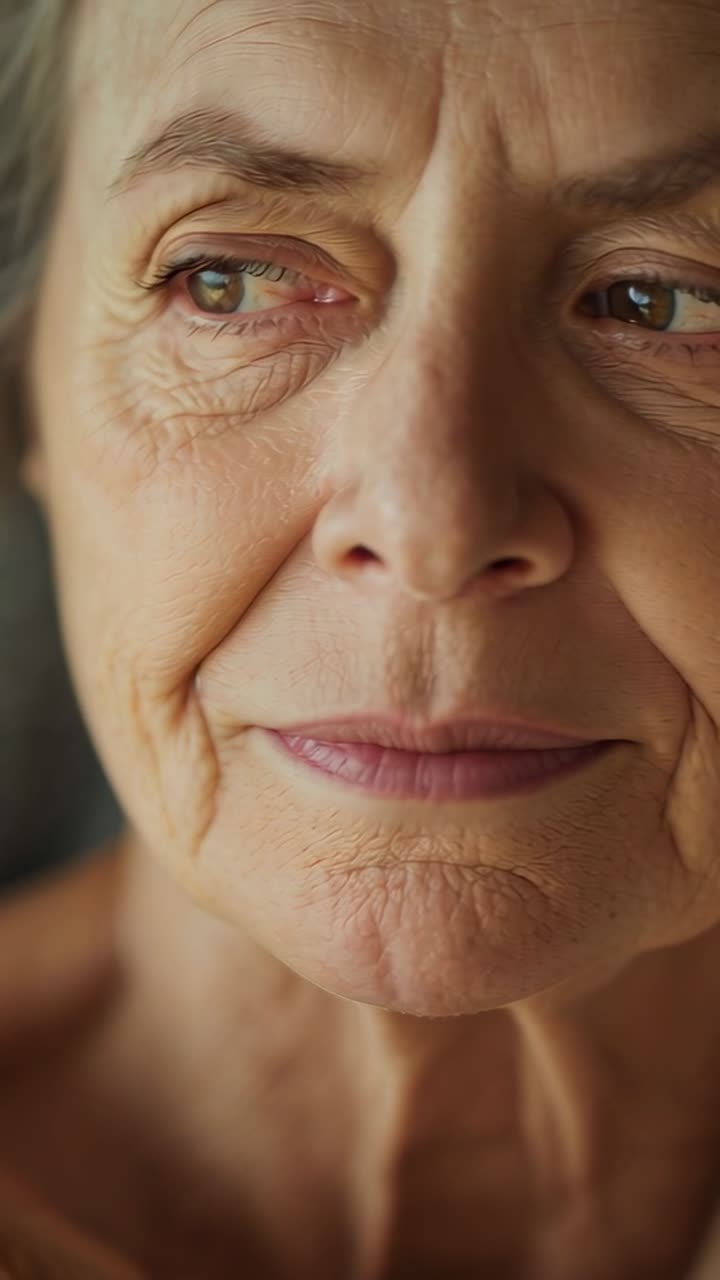 Vertical video: Blinking strapless senior woman smiling, glancing right at window light, pearl stud