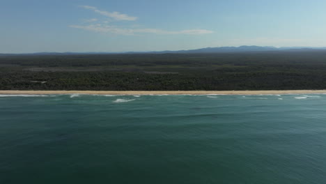 Aerial-wide-shot-of-empty-beach-and-coastline-with-dense-vegetation-in-Background-at-Cape-Conran-Coastal-Park-,-VIC,-AU