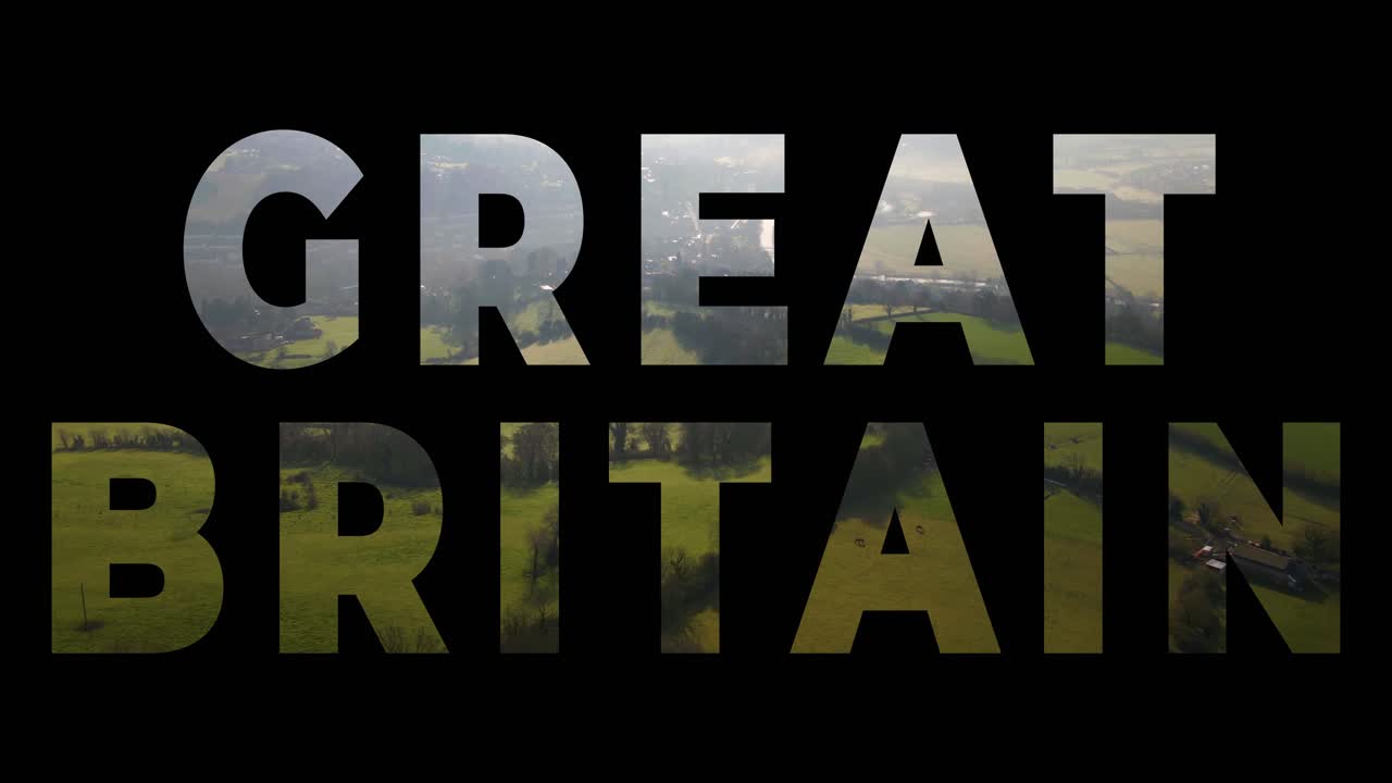 영국 의  ⁇  과 시골 의 항공 드론  ⁇  과 그라픽 스펠링 그레이트 브리튼