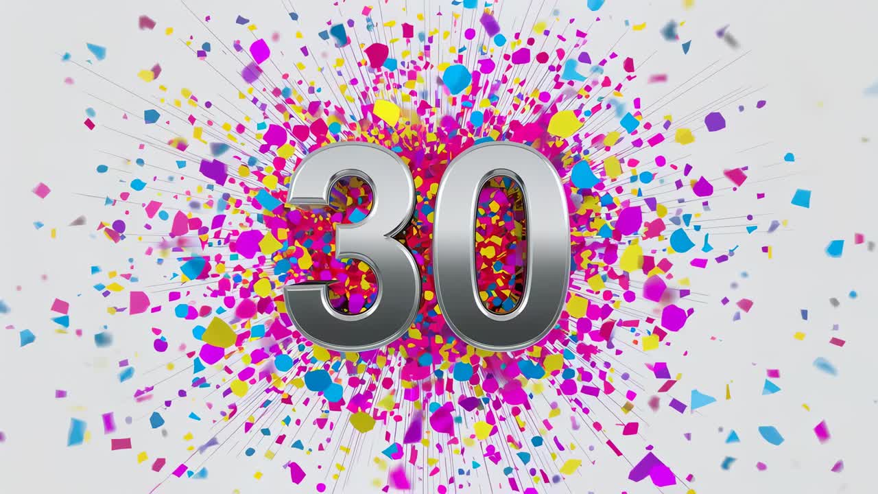 Bursting magenta cyan yellow confetti radiating behind silver 3D 30 on white backdrop, celebrating