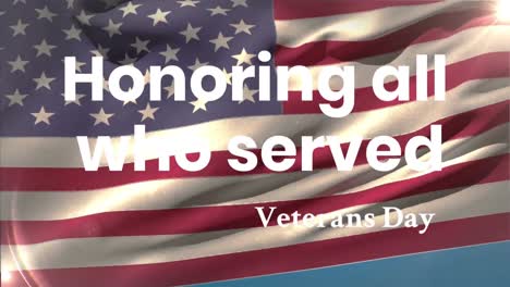 Honoring-all-who-served-veterans-day-text-against-waving-american-flag-and-spot-of-light