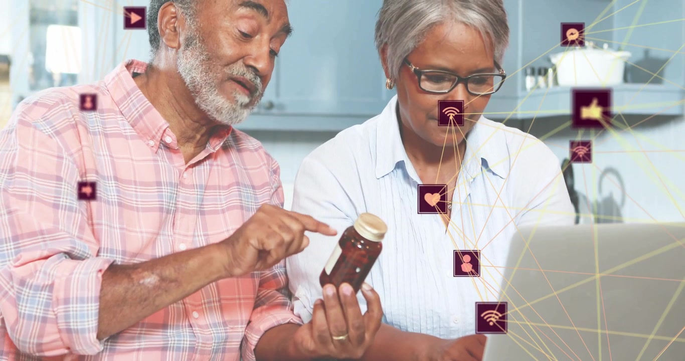 Senior couple unscrewing supplement bottle and analyzing health label with animated network icons